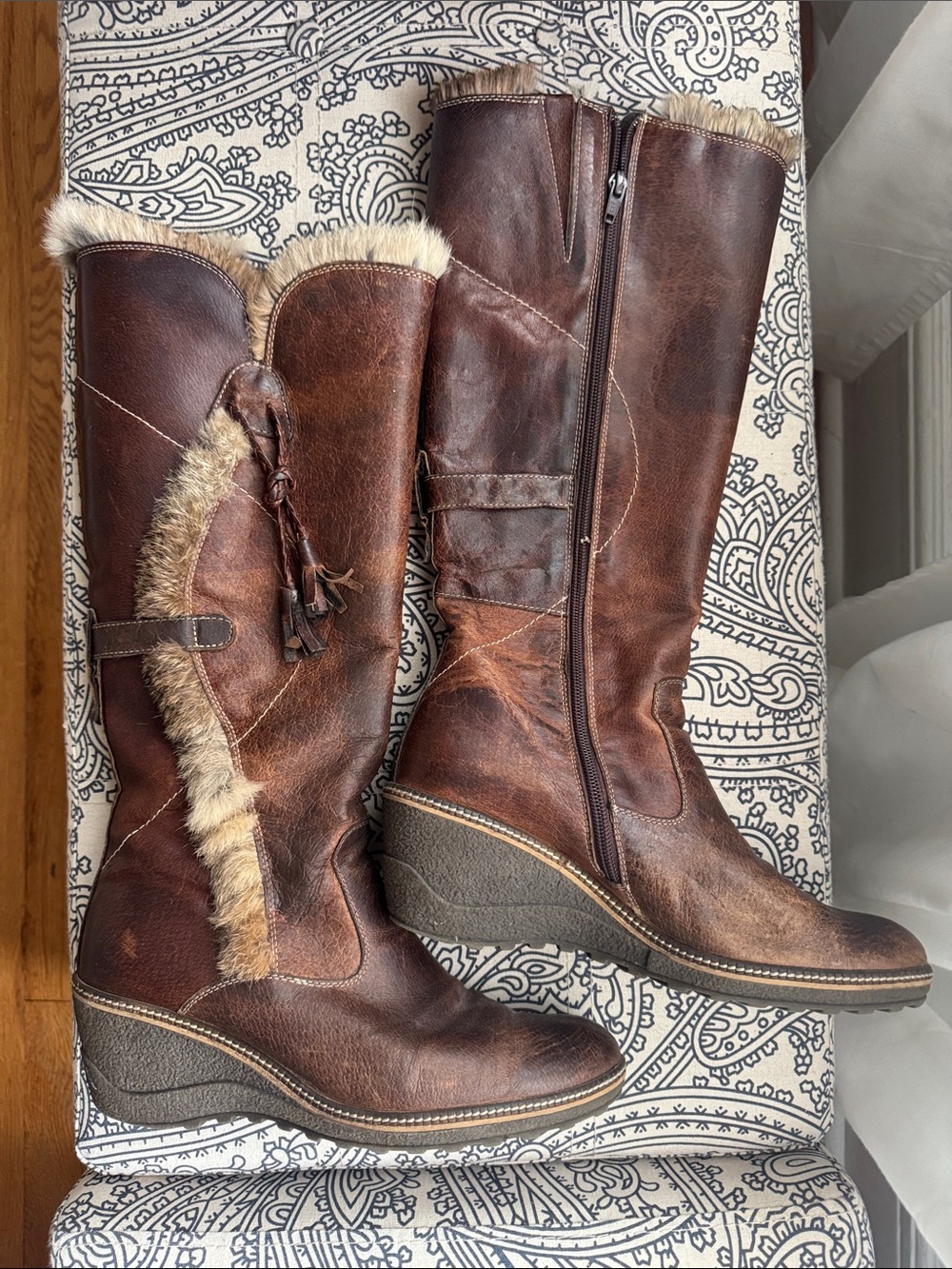 Women’s Brown Faux-Fur Trim Leather Wedge Boots Made in Italy